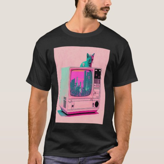 T-shirt Vaperwave Aesthetic Glitch Cat Retrowave Synthwave (Devant)