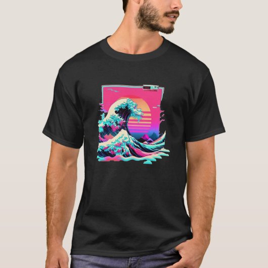T-shirt Vaperwave Aesthetic Glitch Great Wave Retrowave Sy (Devant)