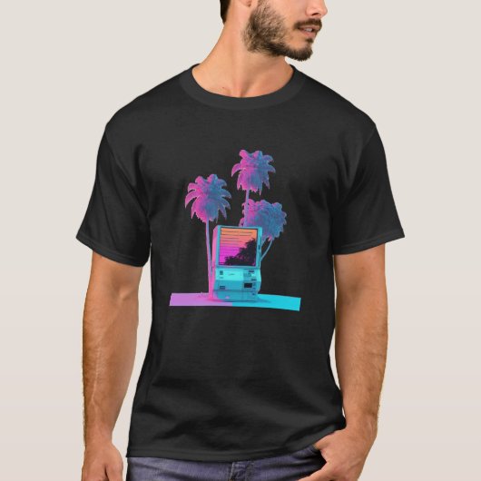 T-shirt Vaperwave Aesthétique Glitch Palm Tree Rétrowave S (Devant)