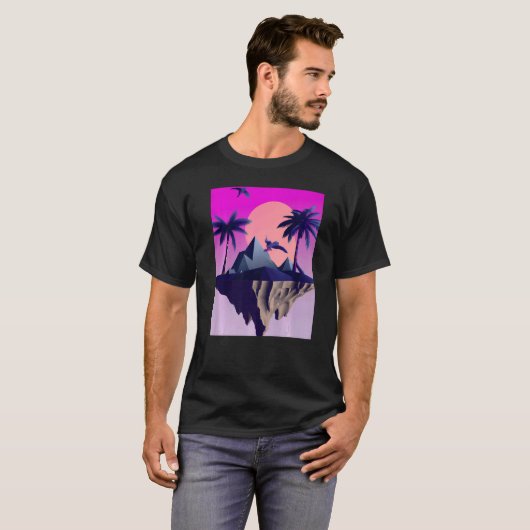 T-shirt Vaporwave Aesthétique Ile Volante Avec Palmiers Et (Devant entier)