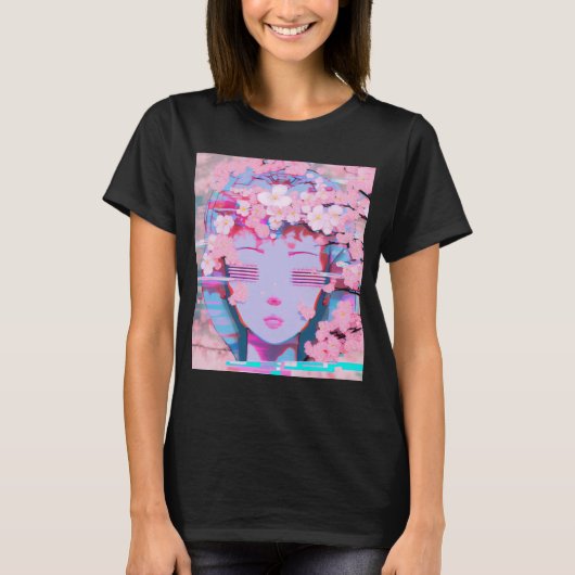 T-shirt Vaporwave Synthwave Retrowave Glitch Cherry Blosso (Devant)