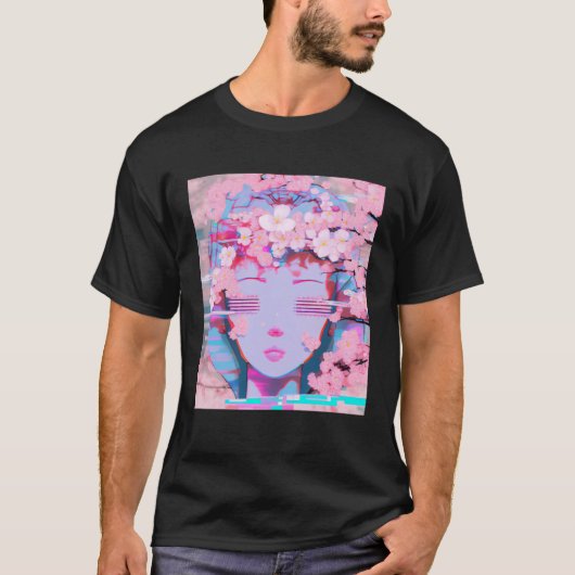 T-shirt Vaporwave Synthwave Retrowave Glitch Cherry Blosso (Devant)