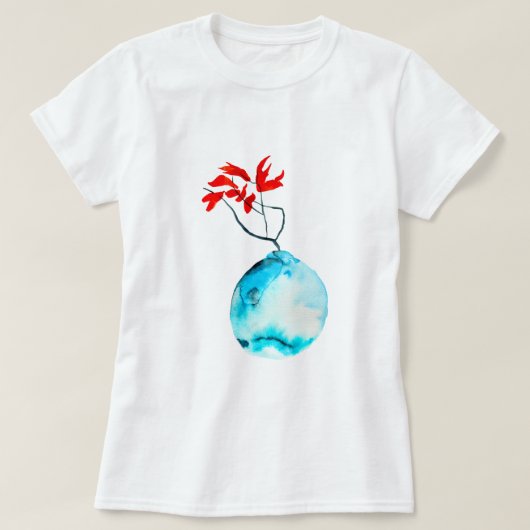 T-shirt Vase bleu Ikebana aquarelle art (Design devant)