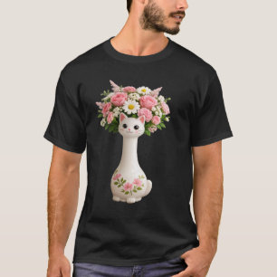 T-shirt Vase en forme de chat avec long cou et fleurs rose
