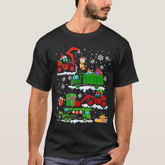 T-shirt Véhicule de construction Camions rouges Noël Hiver (Devant)