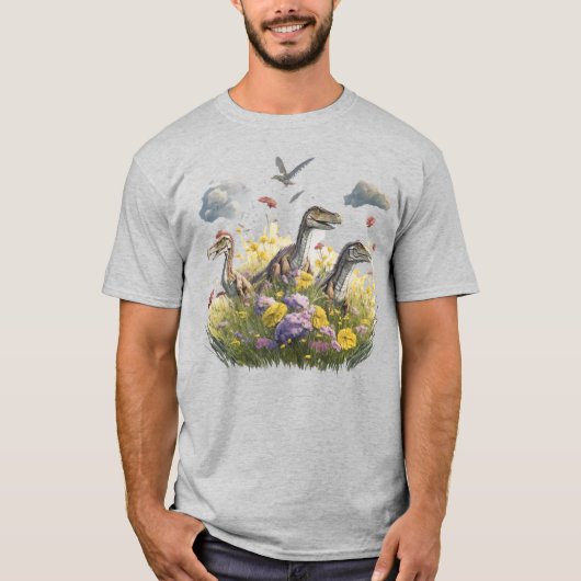 T-shirt Velociraptors dans une prairie (Devant)