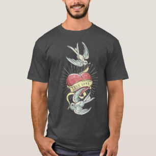 T-shirt Véritable Amour   Oiseaux de tatouage Vintages ave