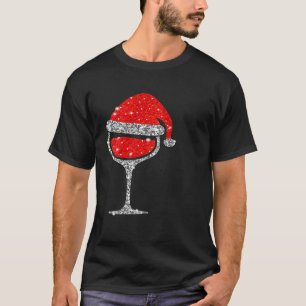 T-shirt Verre à vin de Noël avec chapeau de Noël Vin rouge