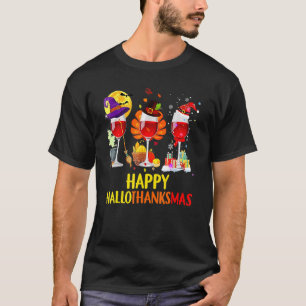 T-shirt Verre de vin Thanksgiving Happy Hallothanksmas