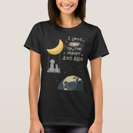 T-shirt Vers la lune et le chien et chat de dos (Devant)