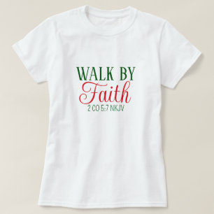 T-shirt Verset biblique Walk by Faith Blanc et Vert Festif