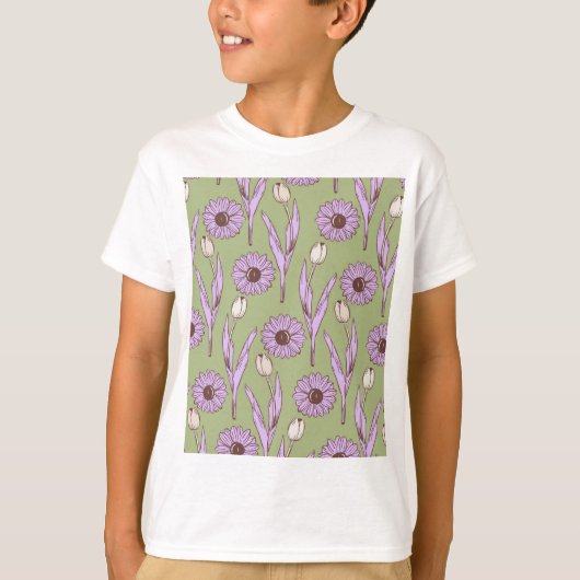 T-shirt Vert violet rétro Y2K Funky Hippie Flower Motif (Devant)