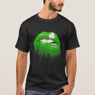 T-shirt Verte Lèvres Biting Clover Irlandais Costume St Pa