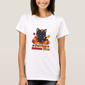 T-shirt Vibes Automnales Parfaites Chat Noir Mignon Feuill