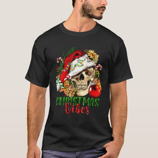 T-shirt Vibes de Noël rétro Skeleton Sketch Santa Hat Xma (Devant)