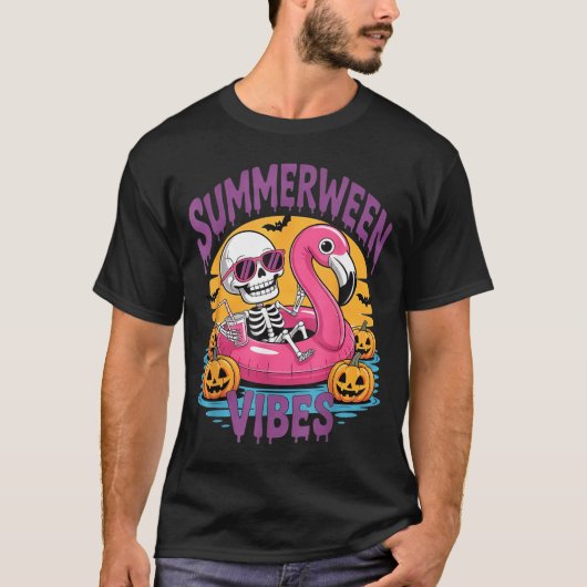 T-shirt Vibes d'étéween Squelette Flamant Rose Halloween e (Devant)
