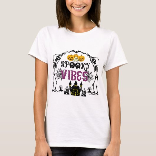 T-shirt Vibes éffrayantes Skeletons Skuls Spiderwebs Hallo (Devant)
