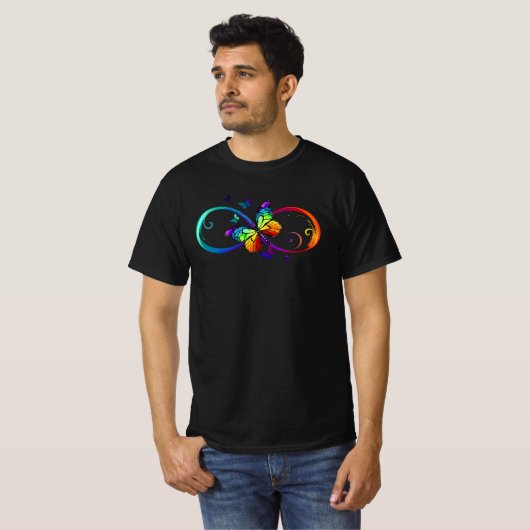 T-shirt Vibrant infinity with rainbow butterfly on black (Devant entier)