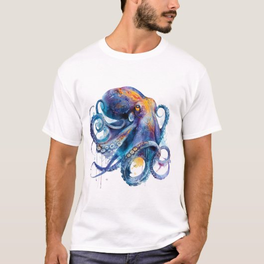 T-shirt Vibrant Watercolor Octopus — Coastal Ocean Art (Devant)