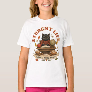 T-shirt Vie étudiante Chaton noir mignon Bureau Automne Pe