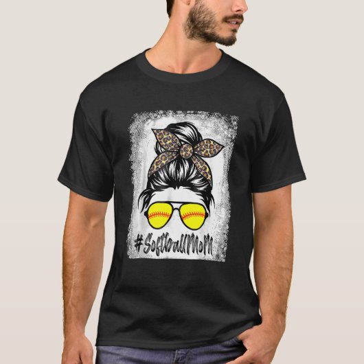 T-shirt Vie Mère De Softball Bleu Avec Leopard Et Messager (Devant)