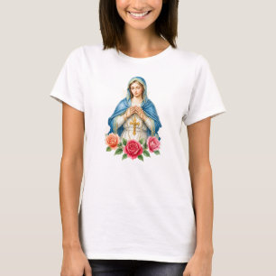T-shirt Vierge Marie avec chapelet catholique floral
