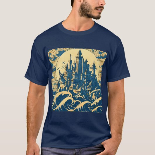 T-shirt Ville d'Atlantis 3 - Style Woodblock (Devant)