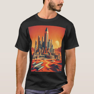 T-shirt Ville martienne futuriste en rouge chaud et bleu C