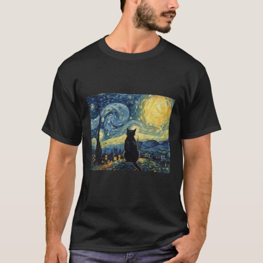 T-shirt Vincent Van Gogh Inspired Starry Night Kitten Silh (Devant)