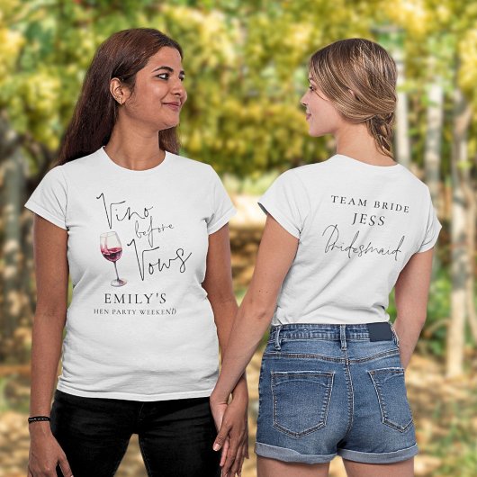 T-shirt Vino Before Vows Demoiselle d'Honneur Nom au Dos E