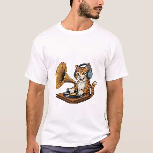 T-shirt Vintage DJ Cat with Gramophone Turntable (Devant)