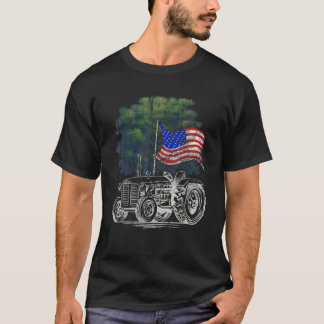 T-shirt Vintage Farming Tractor American Flag Patriotic Fa