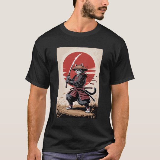 T-shirt Vintage Japanese Samurai Cat Warrior  (Devant)