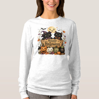 T-shirt Vintage Joyeux Halloween Chats Noirs Citrouille Ch