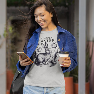 T-shirt Vintage Joyeux lapin de Pâques avec Tulipes Encre