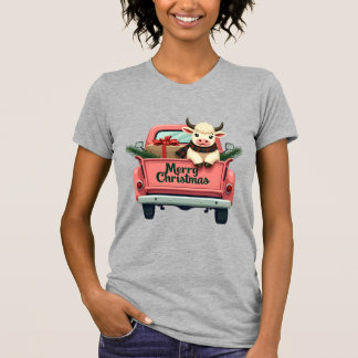 T-shirt Vintage Merry Christmas Highland Cow in Pink Farm 