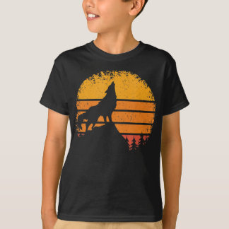 T-shirt Vintage Retro Mountain Silhouette Wolf Howling Wol