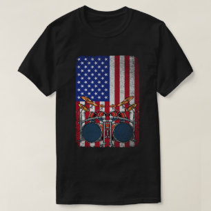 T-shirt Vintage USA American Flag Funny Drummer Musiciens