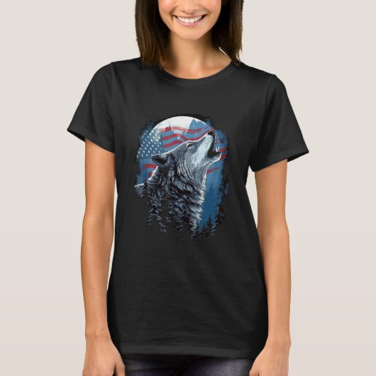 T-shirt Vintage USA Flag and Wolf Howling (Devant)