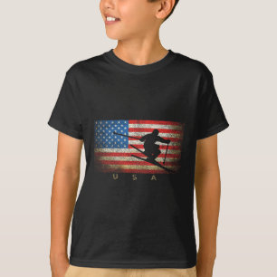 T-shirt Vintage Usa Skiing American Flag Clic Femmes fille