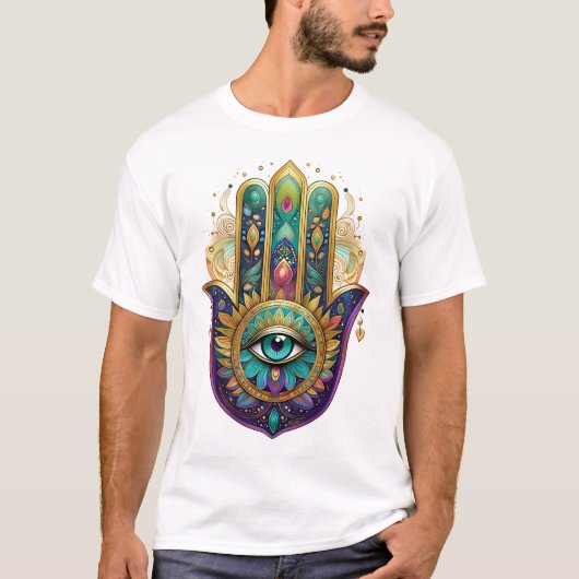 T-shirt Violet Green Gold Petals Hamsa Turquoise Third Eye (Devant)