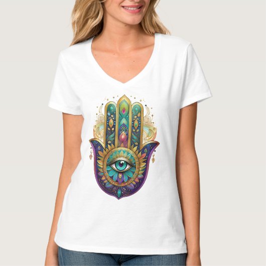 T-shirt Violet Green Gold Petals Hamsa Turquoise Third Eye (Devant)