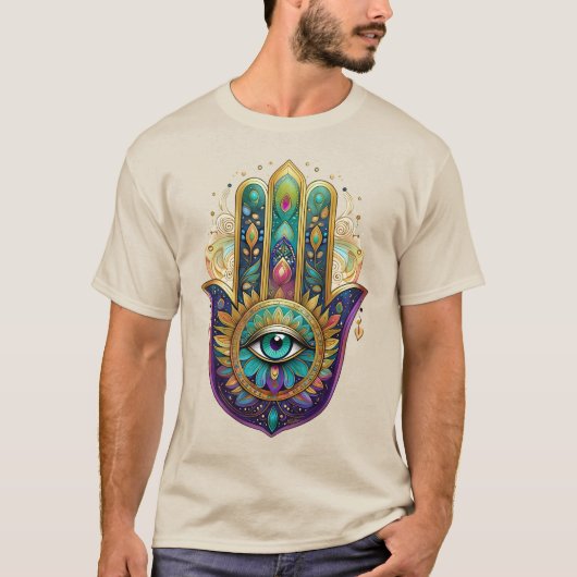 T-shirt Violet Green Gold Petals Hamsa Turquoise Third Eye (Devant)