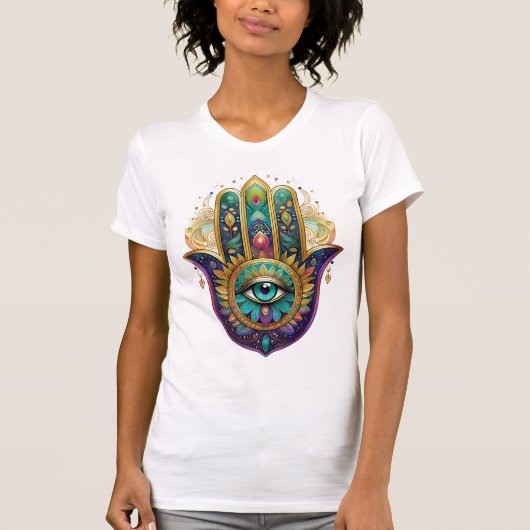 T-shirt Violet Green Gold Petals Hamsa Turquoise Third Eye (Devant)