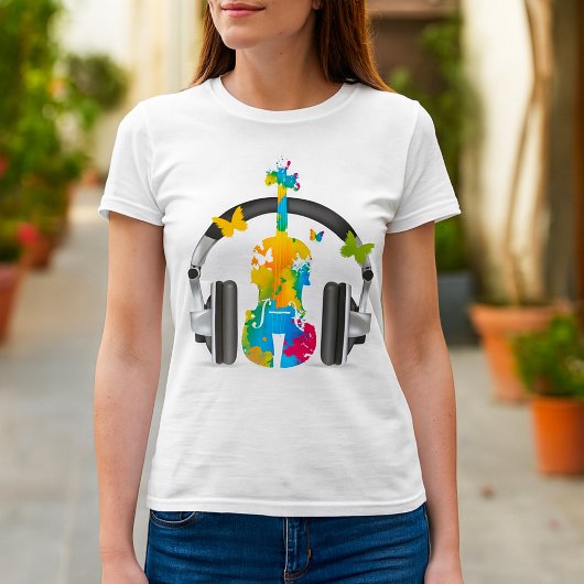 T-shirt Violon Abstrait avec casque et musique
