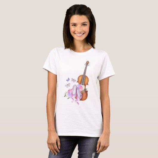 T-shirt Violon, Chaussures de Ballet, Fleurs et Papillons (Devant entier)