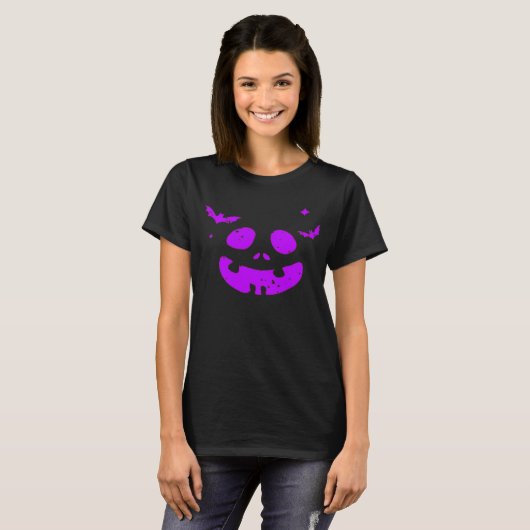 T-shirt Visage Citrouille pourpre avec chauves-souris Hall (Devant entier)