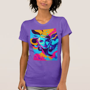 T-shirt Visage d'anime féminin dynamique en bleus vifs