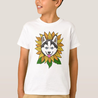 T-shirt Visage de Chien Husky Sibérien sur un Tournesol