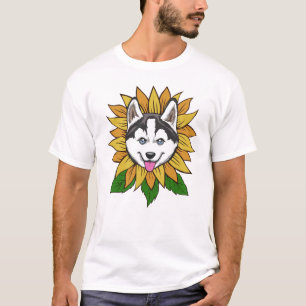 T-shirt Visage de Chien Husky Sibérien sur un Tournesol